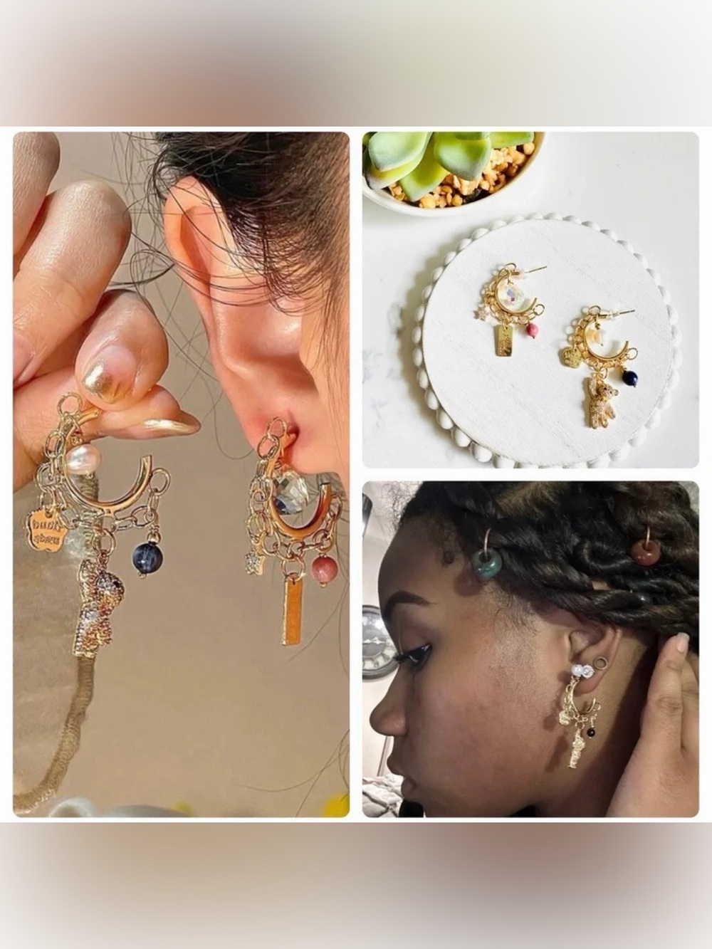 2/$30🌵 Gold Tone Charm Hoop Earrings Teddy Bear Pearl Handmade Tag Bead NEW